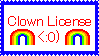 a stamp reading 'clown license' with two rainbows and a smiling clown emoji. found on e-resources on tumblr